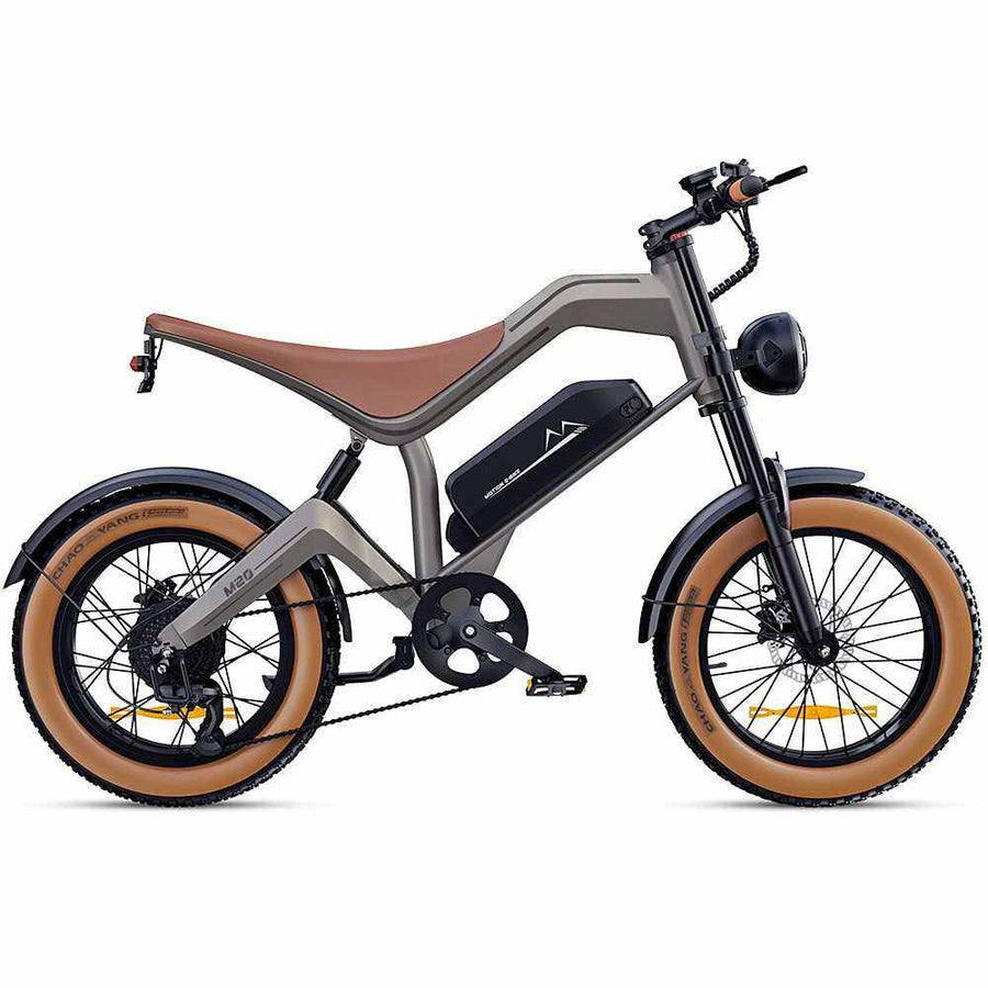 Bicicleta eléctrica todoterreno DYU M20 en ruta de montaña con características y especificaciones técnicas.