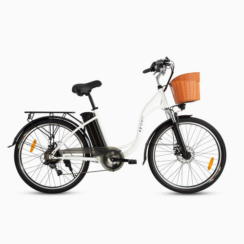 Bicicleta eléctrica urbana DYU C6 blanca y negra con motor 250W y batería extraíble de 12,5 Ah para hasta 60 km de autonomía
