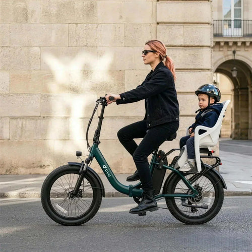 Rower elektryczny DYU C9 z fotelikiem dziecięcym, idealny do jazdy po mieście, codziennych dojazdów i komfortowego transportu dziecka.