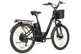 Perfil derecho completo de la bicicleta eléctrica TTGO C2 Pro negra sobre fondo blanco, mostrando el sistema de transmisión, batería y cesta delantera.