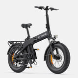 ENGWE EP-2 3.0 Boost negra vista frontal lateral, bicicleta eléctrica plegable con neumáticos anchos, suspensión delantera, guardabarros, iluminación delantera y portaequipajes trasero.