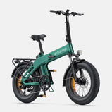ENGWE EP-2 3.0 Boost verde vista frontal lateral, bicicleta eléctrica plegable con neumáticos anchos, suspensión delantera, faros, guardabarros y portaequipajes trasero.