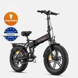 Bicicleta eléctrica plegable ENGWE EP-2 Boost en color negro con neumáticos anchos, suspensión delantera, portaequipajes trasero y motor con potencia nominal de 250 W conforme al estándar de la UE.