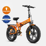 Bicicleta eléctrica plegable ENGWE EP-2 Boost en color naranja, versión mejorada con potencia nominal de 250 W para la UE, neumáticos anchos, horquilla de suspensión, faro delantero, guardabarros y portaequipajes trasero.