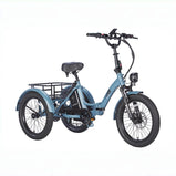 EU-F20 Mate triciclo eléctrico azul con cuadro bajo, suspensión delantera, faro y cesta trasera