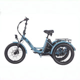 EU-F20 Mate triciclo eléctrico azul de cuadro bajo con vista lateral, batería extraíble y cesta trasera