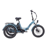 EU-F20 Mate triciclo eléctrico plegable azul con neumáticos anchos y cesta trasera