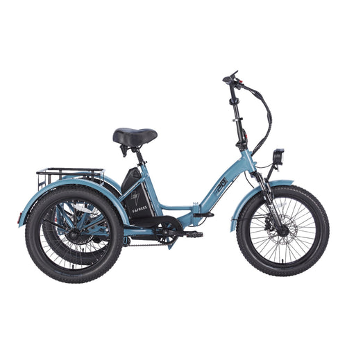 EU-F20 Mate triciclo eléctrico plegable azul con neumáticos anchos y cesta trasera