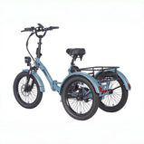 EU-F20 Mate triciclo eléctrico azul visto desde atrás con neumáticos anchos, guardabarros y cesta trasera