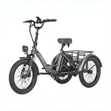 EU-F20 Mate triciclo eléctrico gris visto en ángulo frontal con neumáticos anchos, suspensión delantera y cesta trasera