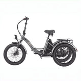 EU-F20 Mate triciclo eléctrico gris con cuadro bajo, neumáticos anchos y portaequipajes trasero