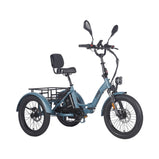 Vista frontal derecha del Fafrees EU-F20 Mate HS azul con asiento con respaldo, faro delantero y portaequipajes trasero