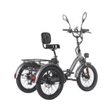 Vista posterior derecha del Fafrees EU-F20 Mate HS gris con asiento con respaldo, tres ruedas y portaequipajes trasero
