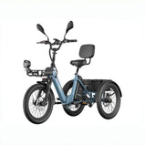 Fafrees EU-F20 Mate II azul en vista frontal de tres cuartos, con portaequipajes delantero, asiento con respaldo y cesta trasera