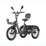 Fafrees EU-F20 Mate II gris oscuro en vista frontal de tres cuartos, con asiento con respaldo, cesta trasera y rueda delantera con freno de disco