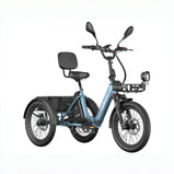 Fafrees EU-F20 Mate II azul en vista frontal de tres cuartos, con faro, espejos, cesta delantera y asiento con respaldo