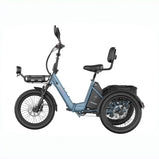 Fafrees EU-F20 Mate II azul en vista lateral, con cuadro bajo, batería extraíble, cesta trasera y portaequipajes delantero