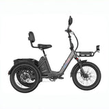 Fafrees EU-F20 Mate II, triciclo eléctrico gris en vista lateral, con asiento con respaldo, cesta trasera y portaequipajes delantero