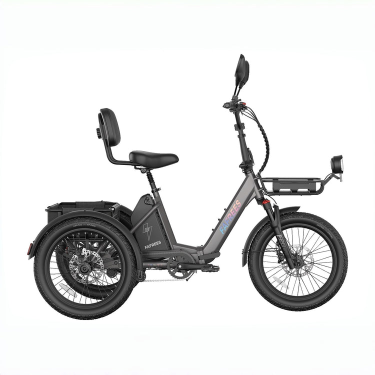 Fafrees EU-F20 Mate II, triciclo eléctrico gris en vista lateral, con asiento con respaldo, cesta trasera y portaequipajes delantero