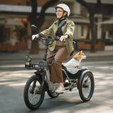 Mujer conduciendo el triciclo eléctrico Fafrees EU-F20 Mate II por la ciudad con un perro en la cesta trasera