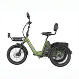 Fafrees EU-F20 Mate II verde en vista lateral, con cuadro de acceso bajo, cesta trasera y asiento con respaldo