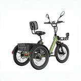 Fafrees EU-F20 Mate II verde visto desde la parte trasera y lateral, con amplia cesta trasera y asiento con respaldo