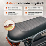 Primer plano del asiento cómodo ampliado del patinete iScooter DX5. Se ilustran las tres capas de acolchado que ofrecen un 50% más de comodidad, un 40% menos de fatiga, un 30% más de transpirabilidad y un 35% más de absorción de impactos.