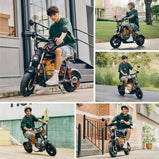 Collage de fotos de estilo de vida que muestra a un joven usando el patinete eléctrico iScooter DX5 para desplazarse por la ciudad, calles residenciales y parques.