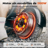 Ilustración detallada del motor sin escobillas de 1500W en la rueda trasera del iScooter DX5. Diseñado para velocidad y durabilidad, alcanza una velocidad máxima de 35 mph y supera pendientes del 26%.
