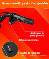 Detalle de los controles del manillar de la moto eléctrica MileRocket 1. Muestra el manejo sencillo con acelerador de puño giratorio, botón de encendido y el interruptor de 3 niveles de velocidad ajustable (8, 12 y 25 km/h).