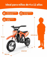 Infografía con las medidas y especificaciones de la moto eléctrica MileRocket 1. Muestra la moto junto a la silueta naranja de un niño para comparar el tamaño. Indica que es ideal para niños de 4 a 12 años, con una altura recomendada de 115 a 143 cm, peso del producto de 17,7 kg y carga máxima de 60 kg. Las dimensiones de la moto son 113,5 cm de largo, 75 cm de alto y 56,5 cm de ancho en el manillar.