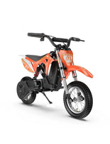 Moto eléctrica para niños MileRocket 1 en color naranja. Vista lateral de perfil sobre fondo blanco, mostrando neumáticos todoterreno, amortiguadores y diseño deportivo de motocross.
