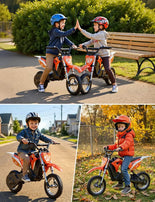 Collage de niños felices conduciendo la moto eléctrica MileRocket 1 al aire libre. Muestra a dos niños chocando los cinco en un parque, un niño sonriendo en un vecindario y otro niño con casco de motocross conduciendo en otoño.