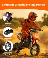 Niño conduciendo la moto eléctrica infantil MileRocket 1 de color naranja en un camino de tierra. La imagen destaca la comodidad y seguridad del trayecto mostrando detalles en primeros planos: la suspensión delantera y trasera con resorte rojo, los reposapiés texturizados en negro y los neumáticos todoterreno de gran agarre.