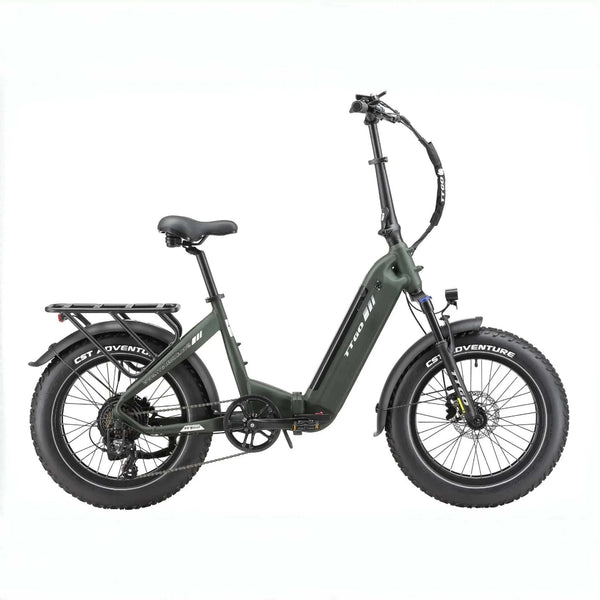 Bicicleta eléctrica plegable TTGO F6 Boost todoterreno en color naranja sobre césped.