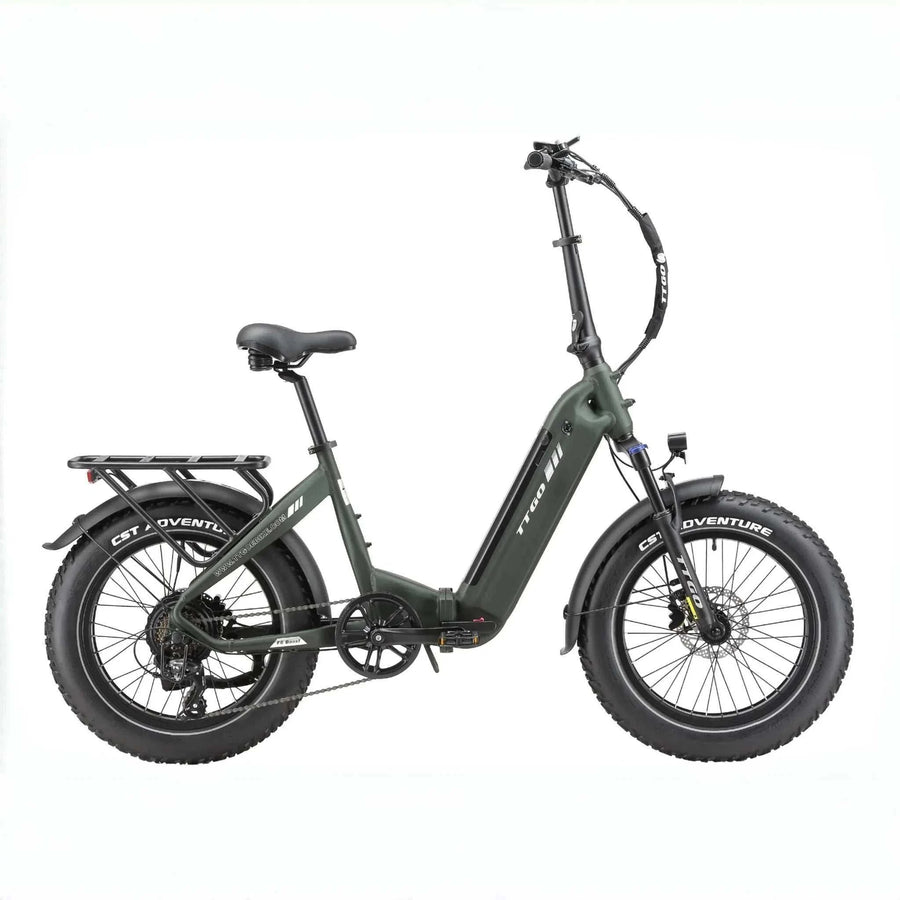 Bicicleta eléctrica plegable TTGO F6 Boost todoterreno en color naranja sobre césped.