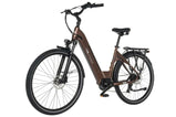Bicicleta eléctrica TTGO C7 SE en color marrón con suspensión delantera, frenos de disco y portaequipajes.