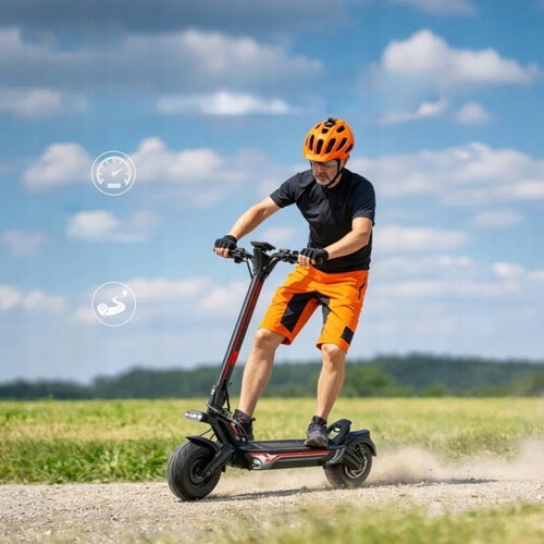 Persona conduciendo el patinete eléctrico Zwheel GT1 por un camino de grava al aire libre